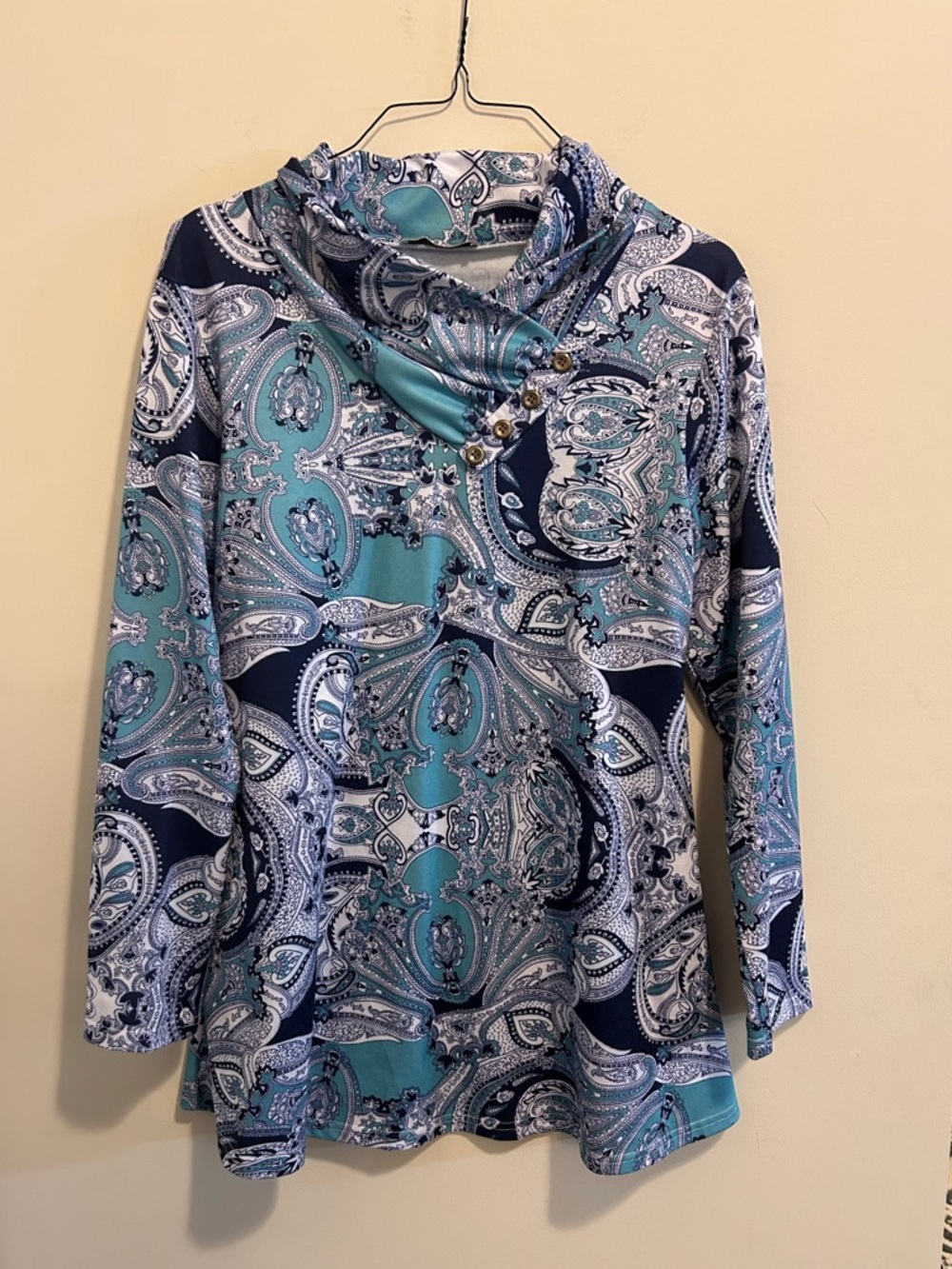 Paisley Cowl-Neck Long Sleeve Tunic in‎ Teal and Navy